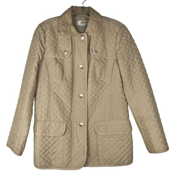 Vtg Talbots Petites Quilted Jacket Tan Full Zip Button Front Collared Pockets PP - Picture 1 of 13